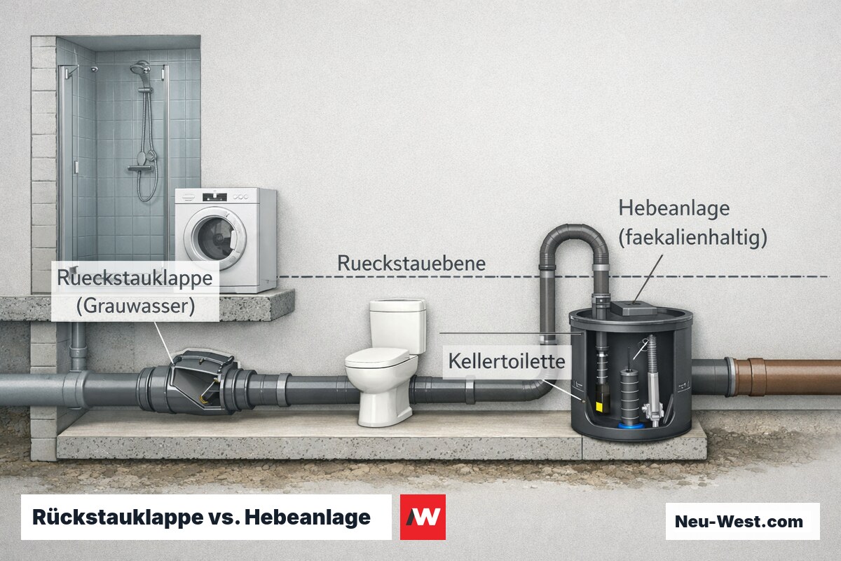 Kellerquerschnitt: Rückstauklappe für Grauwasser links, Hebeanlage für die Kellertoilette rechts, bezogen auf die Rückstauebene.
