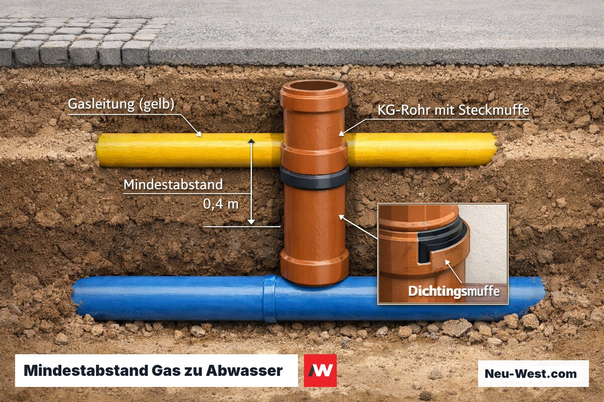Querschnitt eines Berliner Leitungsgrabens mit Gasleitung, KG-Abwasserrohr mit Steckmuffe und markiertem Mindestabstand von 0,4 Metern nach DVGW G 462