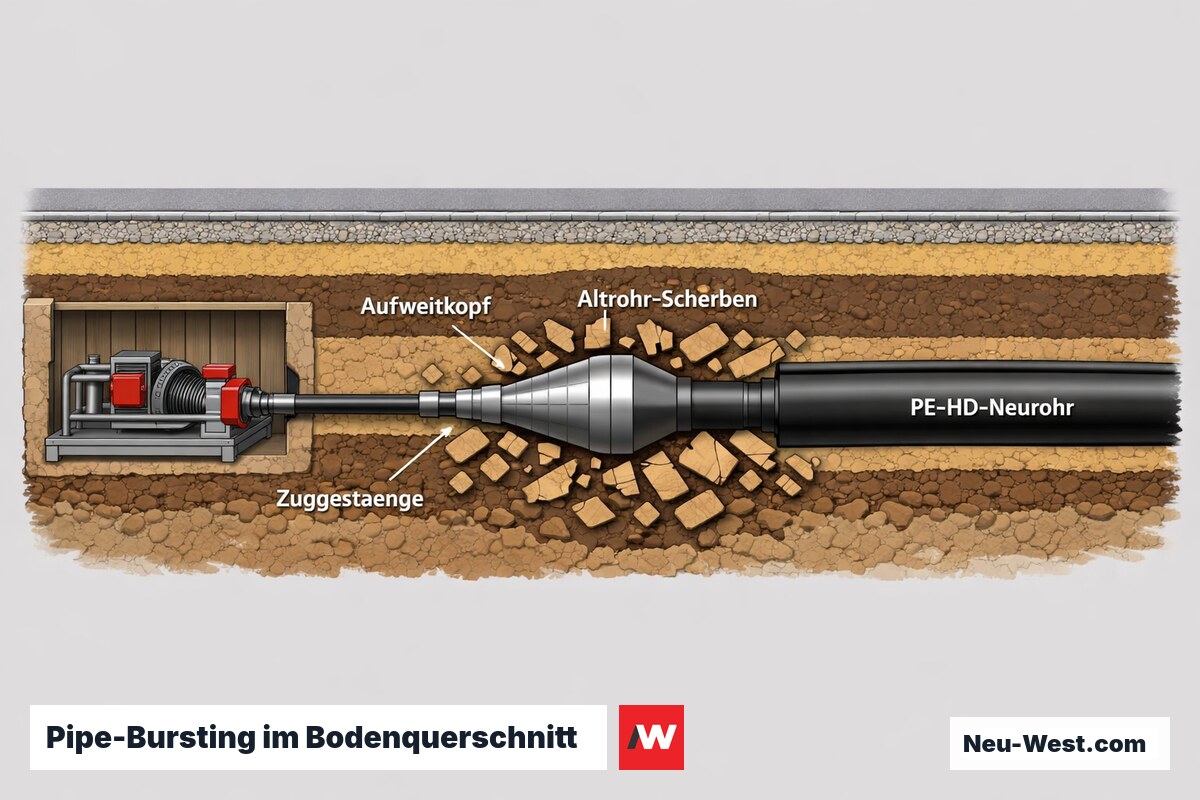 Bodenquerschnitt eines Pipe-Bursting-Verfahrens: konischer Aufweitkopf zerbricht das Altrohr und zieht ein größeres PE-HD-Neurohr ein.