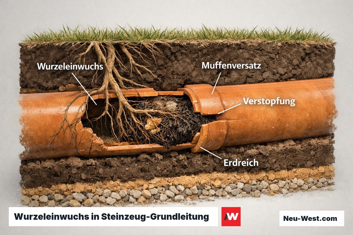 Querschnitt einer Steinzeug-Abwasserleitung mit Wurzeleinwuchs durch Muffe, umgebende Erdschichten sichtbar, ca. 120 Zeichen
