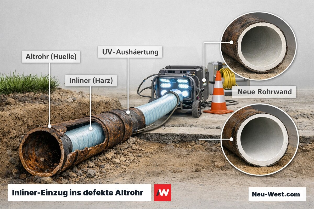 Schematische Darstellung des Relining-Verfahrens: Harzschlauch wird in marodes Rohr eingezogen und mit UV ausgehärtet