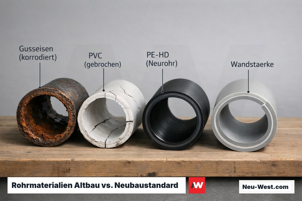 Vier aufgeschnittene Abwasserrohre im Vergleich: Gusseisen mit Korrosion, gerissenes PVC, modernes PE-HD und PP-Rohr