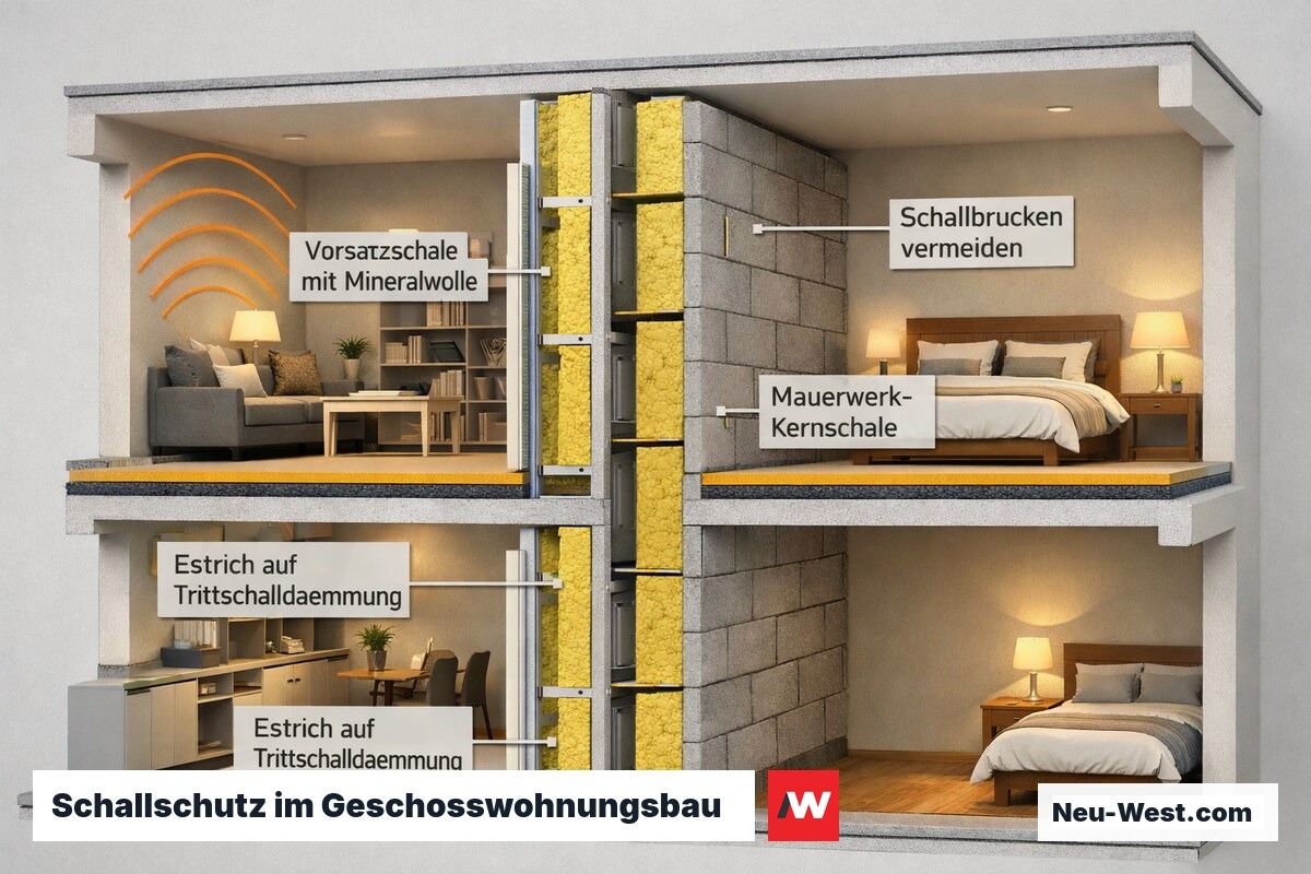 Querschnitt Mehrfamilienhaus mit Schallschutzwand, Vorsatzschale, Mineralwolle und schwimmendem Estrich als Trittschalldämmung
