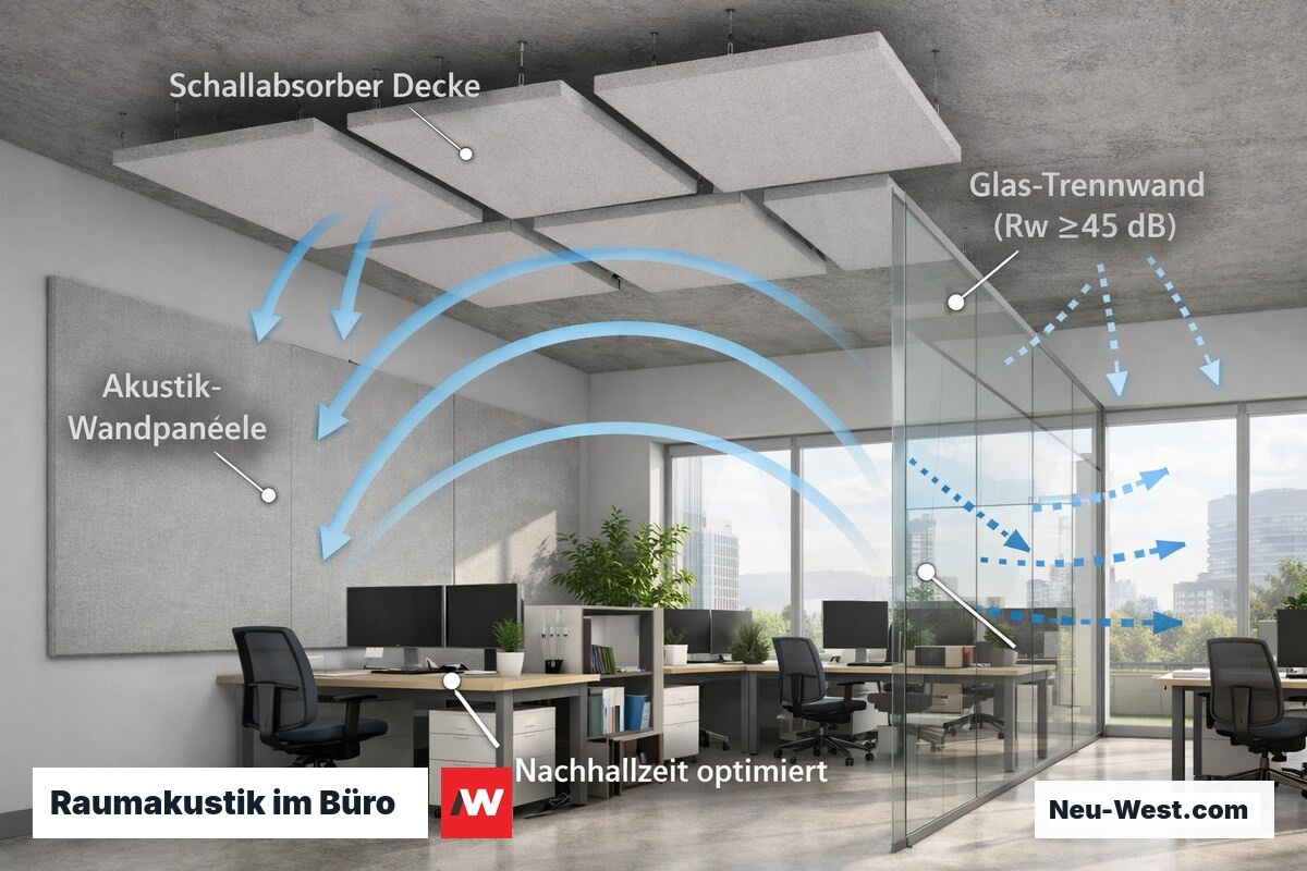 Modernes Büro mit Akustikdecke, Wandabsorbern und Glastrennwand, Schallwellen zeigen Absorption und Dämmwirkung