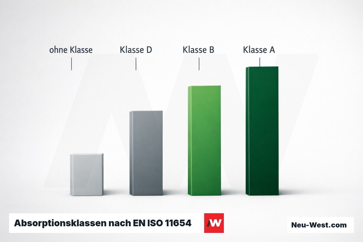 Absorptionsklassen nach EN ISO 11654 – Erklär-Grafik (NEUWEST Berlin)