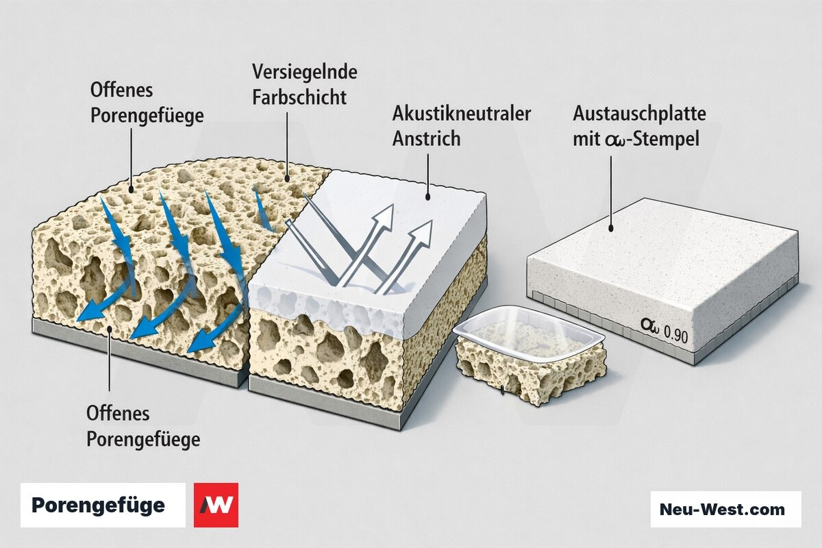 Querschnitt einer Akustikplatte: offenes Porengefüge absorbiert Schall, versiegelnde Farbschicht reflektiert ihn; transparenter Anstrich und Austauschplatte.