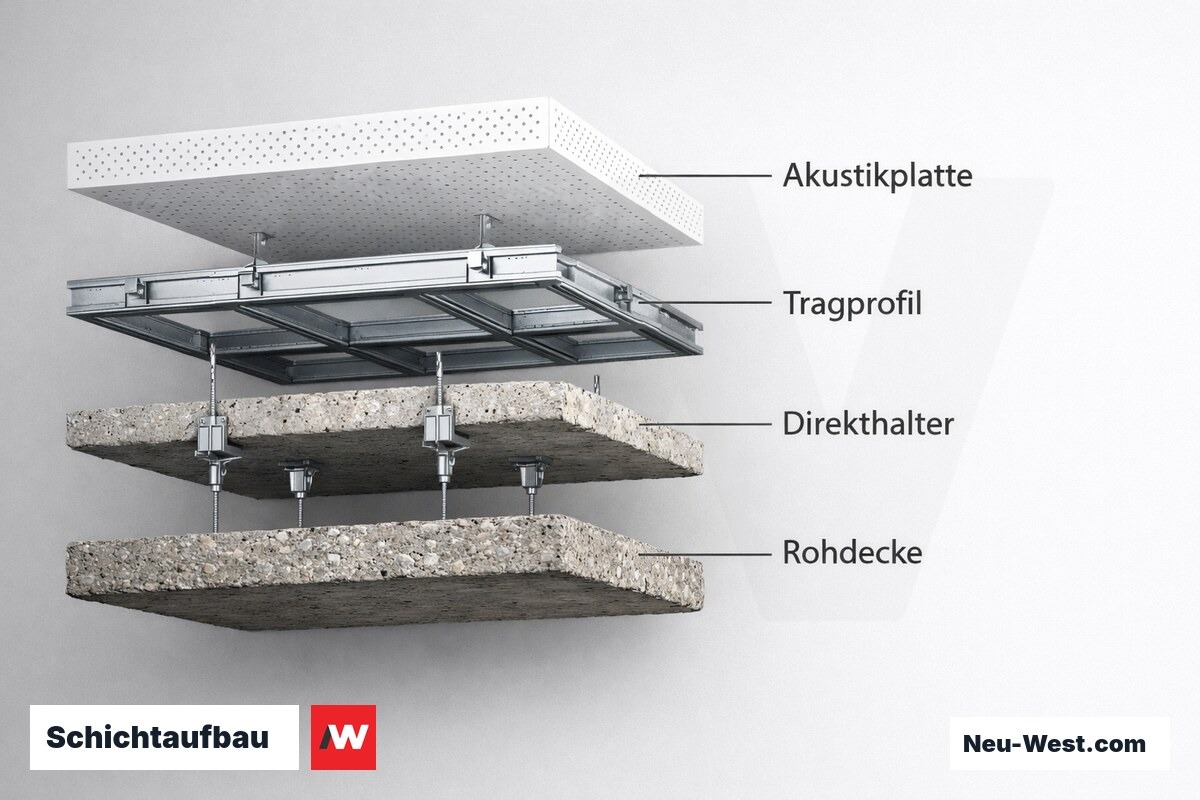 Schichtaufbau: Abgehängte Akustikdecke – Erklär-Grafik (NEUWEST Berlin)