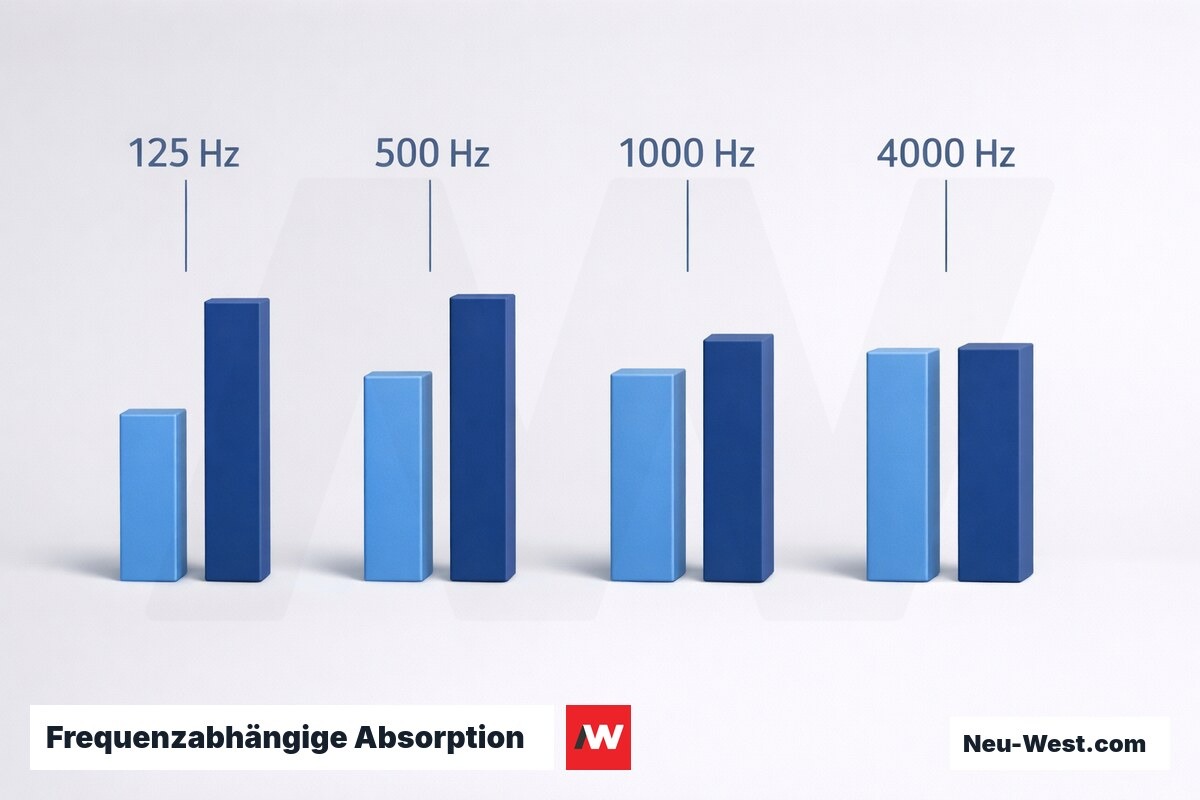 Frequenzabhängige Absorption: 25 mm vs. 50 mm Mineralwolle – Erklär-Grafik (NEUWEST Berlin)