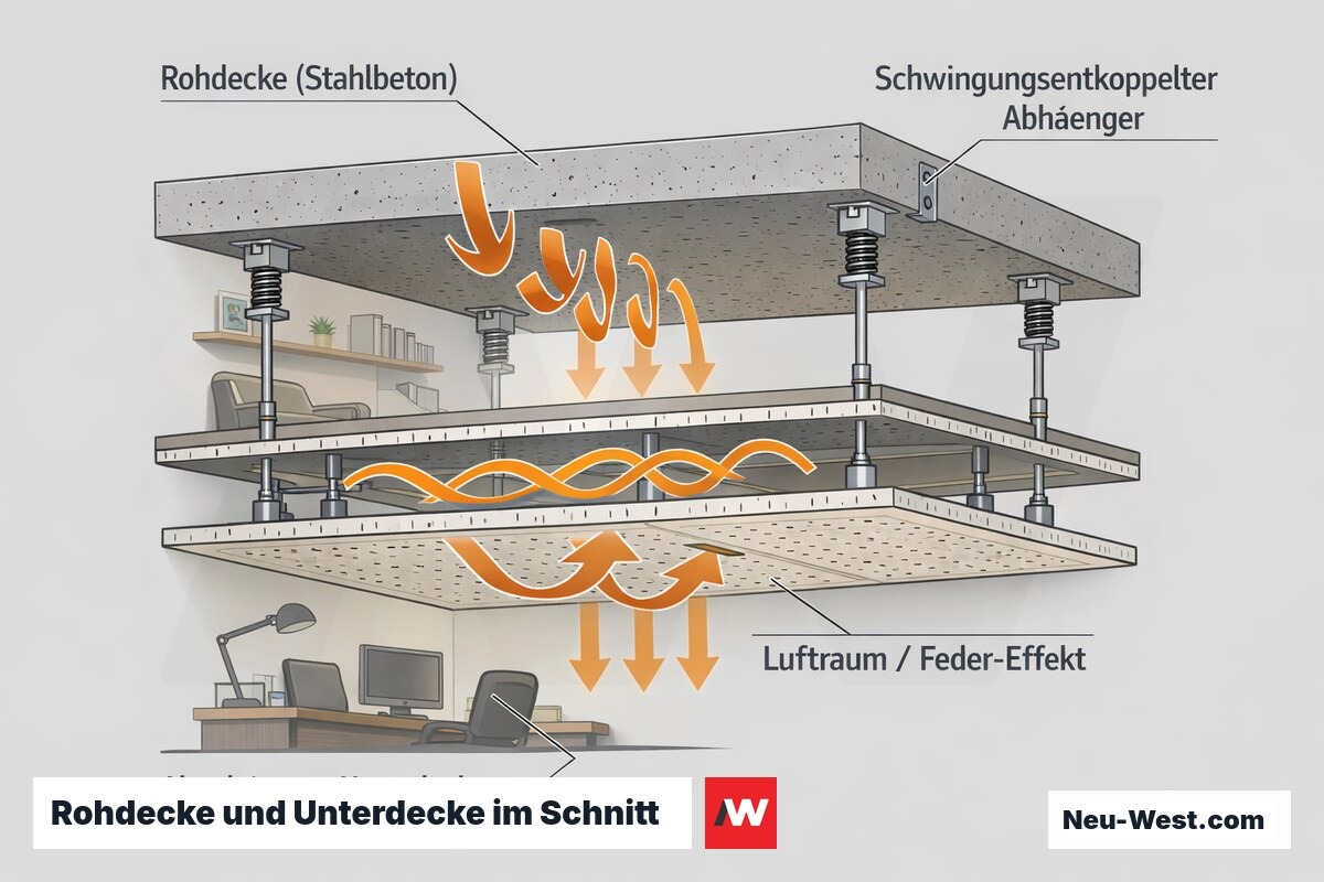 Schnittzeichnung: Stahlbeton-Rohdecke mit abgehängter Akustik-Unterdecke, Luftraum und entkoppelten Abhängern zwischen zwei Räumen.