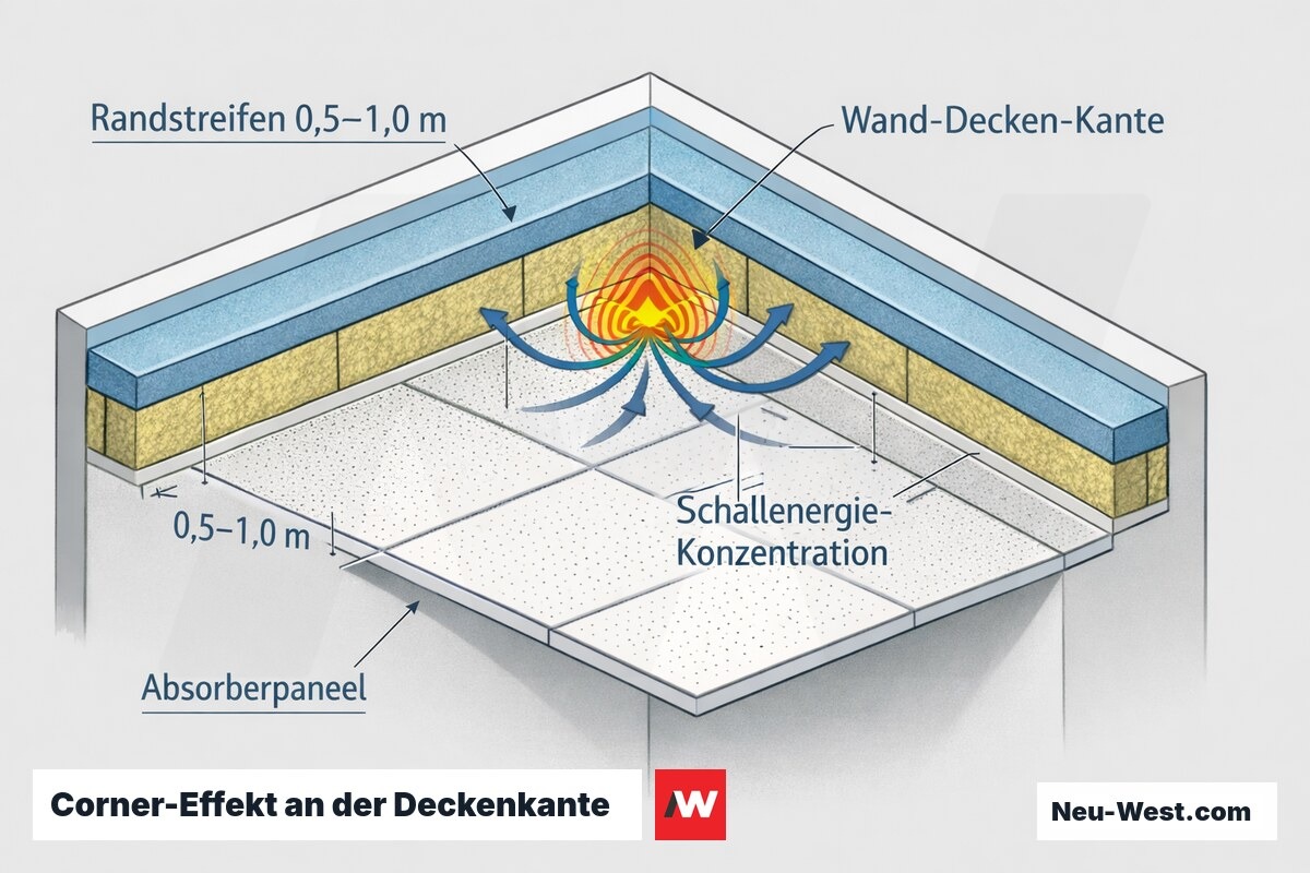 Querschnitt der Wand-Decken-Kante mit priorisiertem Randstreifen und konzentrierten Schallwegen, die den Corner-Effekt akustisch wirksamer Randpaneele zeigen.