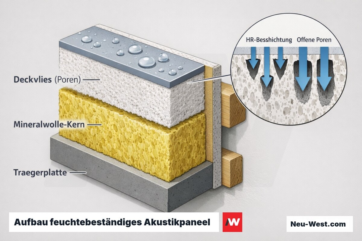 Cutaway eines feuchtebeständigen Akustikpaneels: HR-Beschichtung, Deckvlies, Mineralwolle-Kern und Trägerplatte mit verengten Oberflächenporen.