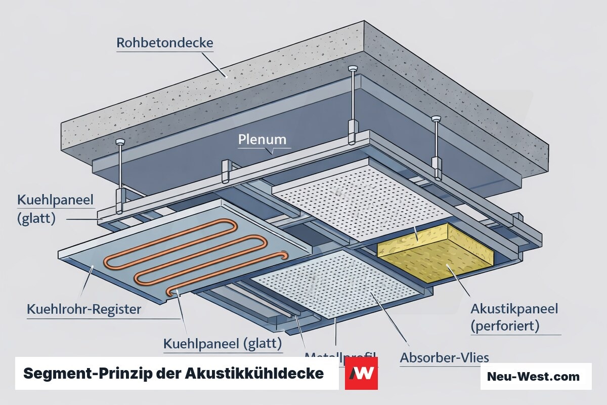 Cutaway einer Akustikkühldecke mit wechselnden glatten Kühlpaneelen und perforierten Akustikpaneelen, Kühlrohren, Absorbervlies und Abhängung.