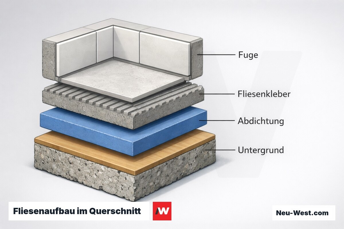 Querschnitt-Diagramm eines keramischen Fliesenbelags mit Untergrund, Abdichtung, Kleberbett und Verfugung an Wand und Boden.