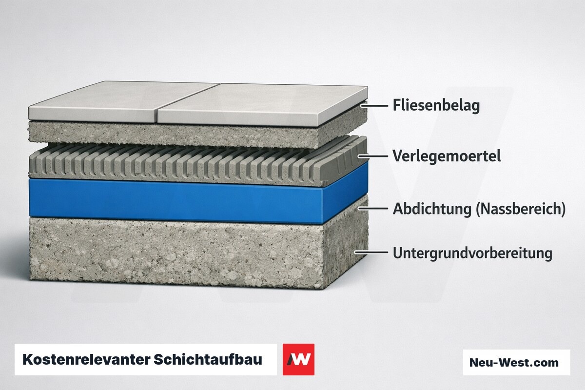 Querschnitt-Schichtaufbau einer Wandfliese im Nassbereich mit Untergrund, Abdichtung, Verlegemörtel und Fliese als kostenrelevante Positionen.