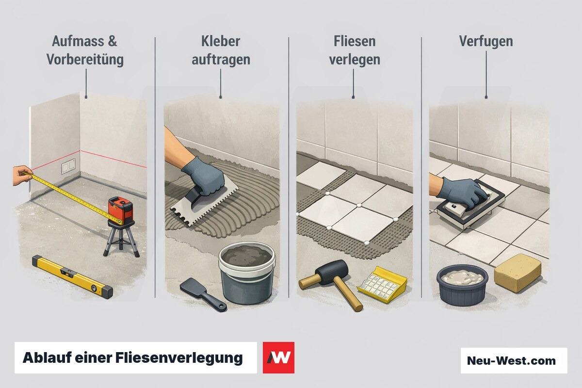 Prozess-Illustration der Fliesenverlegung in vier Schritten: Aufmaß, Kleberauftrag, Verlegen der Fliesen und Verfugen der Flächen.