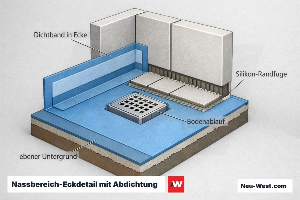 Eckdetail eines Nassbereichs mit ebenem Untergrund, Abdichtung, Dichtband in der Ecke, Bodenablauf, Fliesen und Silikon-Randfuge.