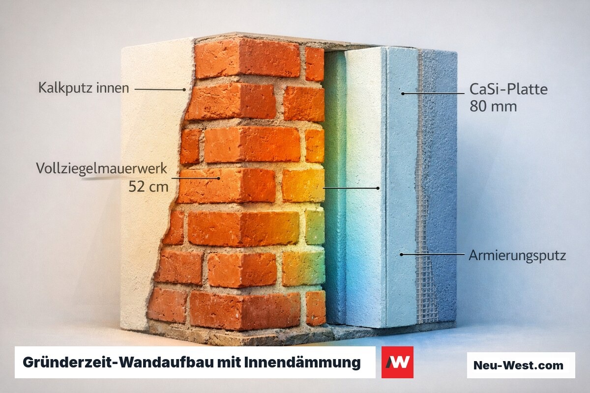 Querschnitt Gründerzeitwand: Kalkputz, 52 cm Vollziegel, Luftschicht und 80 mm Kalziumsilikatplatte als Innendämmung