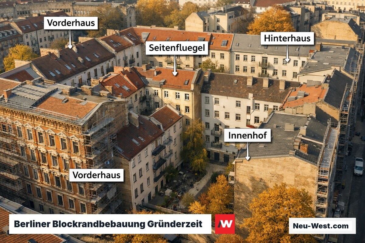 Luftbild typischer Berliner Gründerzeitblock mit Vorderhaus, Seitenflügeln und Hinterhaus um engen Innenhof
