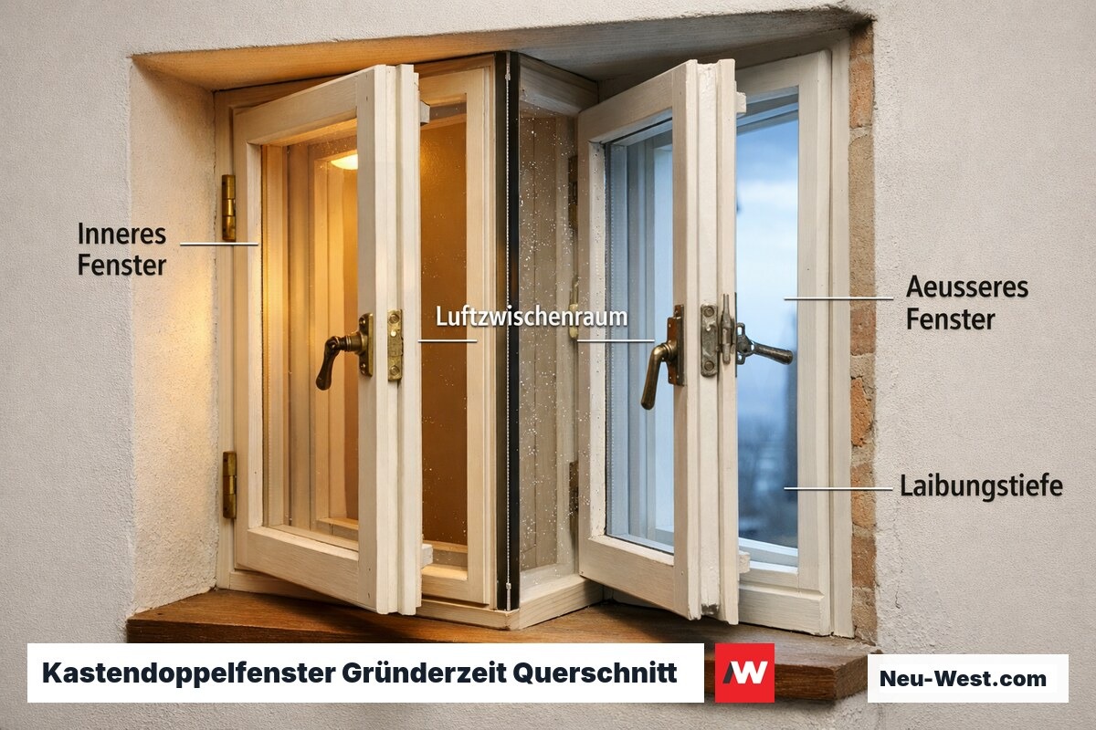 Querschnitt historisches Kastendoppelfenster: zwei Fensterebenen mit Luftzwischenraum in tiefer Wandlaibung, ca. 1900