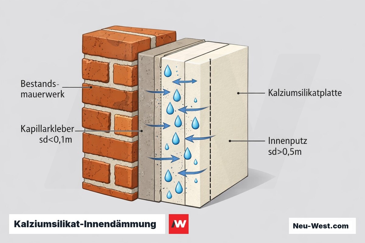 Wandquerschnitt einer kapillaraktiven Kalziumsilikat-Innendämmung auf Bestandsmauerwerk mit Kleberschicht, Dämmplatte und Innenputz.