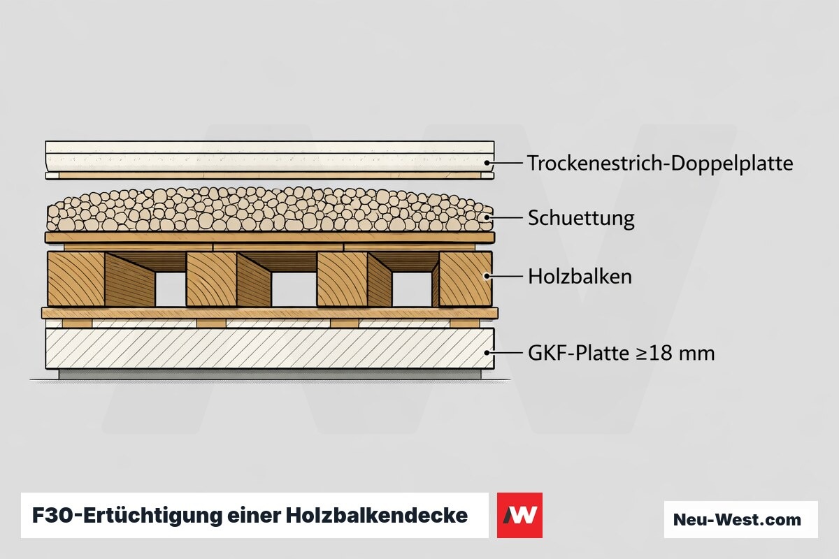 Querschnitt einer Holzbalkendecke mit F30-Aufbau: GKF-Bekleidung unten, Holzbalken, Schüttung und Trockenestrich-Doppelplatte oben.