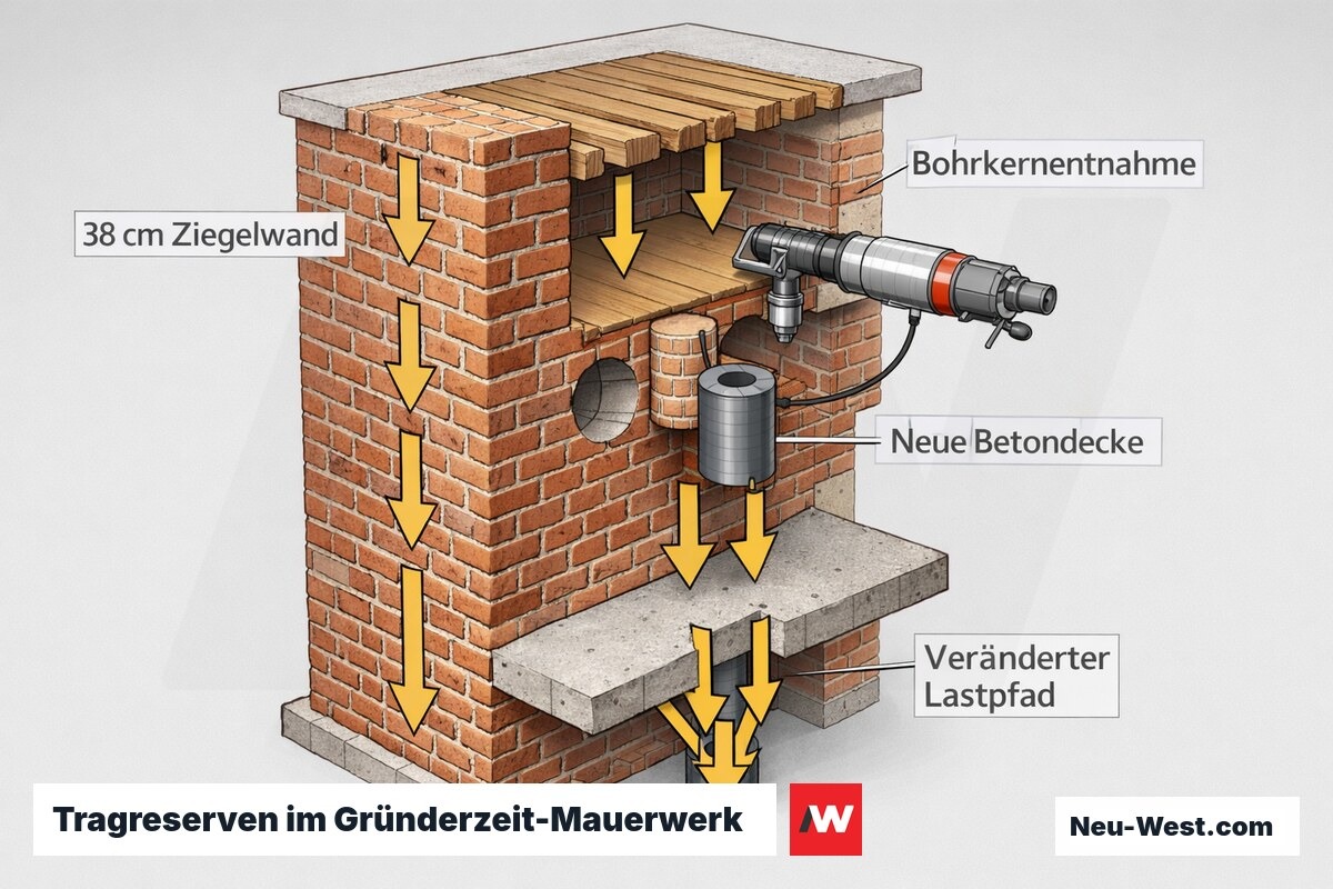 Querschnitt einer 38 cm starken Gründerzeitwand mit Bohrkernentnahme, Lastpfaden über mehrere Geschosse und nachträglicher Betondecke statt Holzbalkendecke.