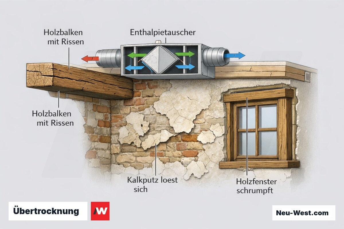 Querschnitt-Grafik: Übertrocknung schädigt Holzbalken, Kalkputz und Holzfenster im Altbau; Enthalpietauscher als Feuchterückgewinnung in der Lüftung.
