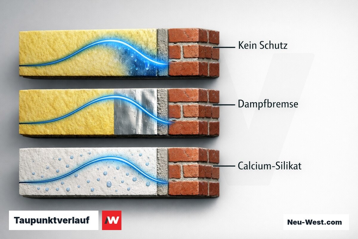 Taupunktverlauf: Innendämmung im Variantenvergleich – Erklär-Grafik (NEUWEST Berlin)