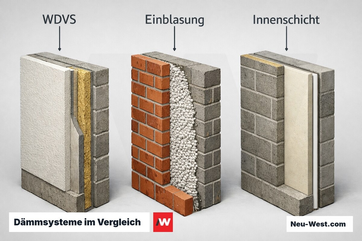 Dämmsysteme im Vergleich: U-Wert, Fläche, Kosten – Erklär-Grafik (NEUWEST Berlin)