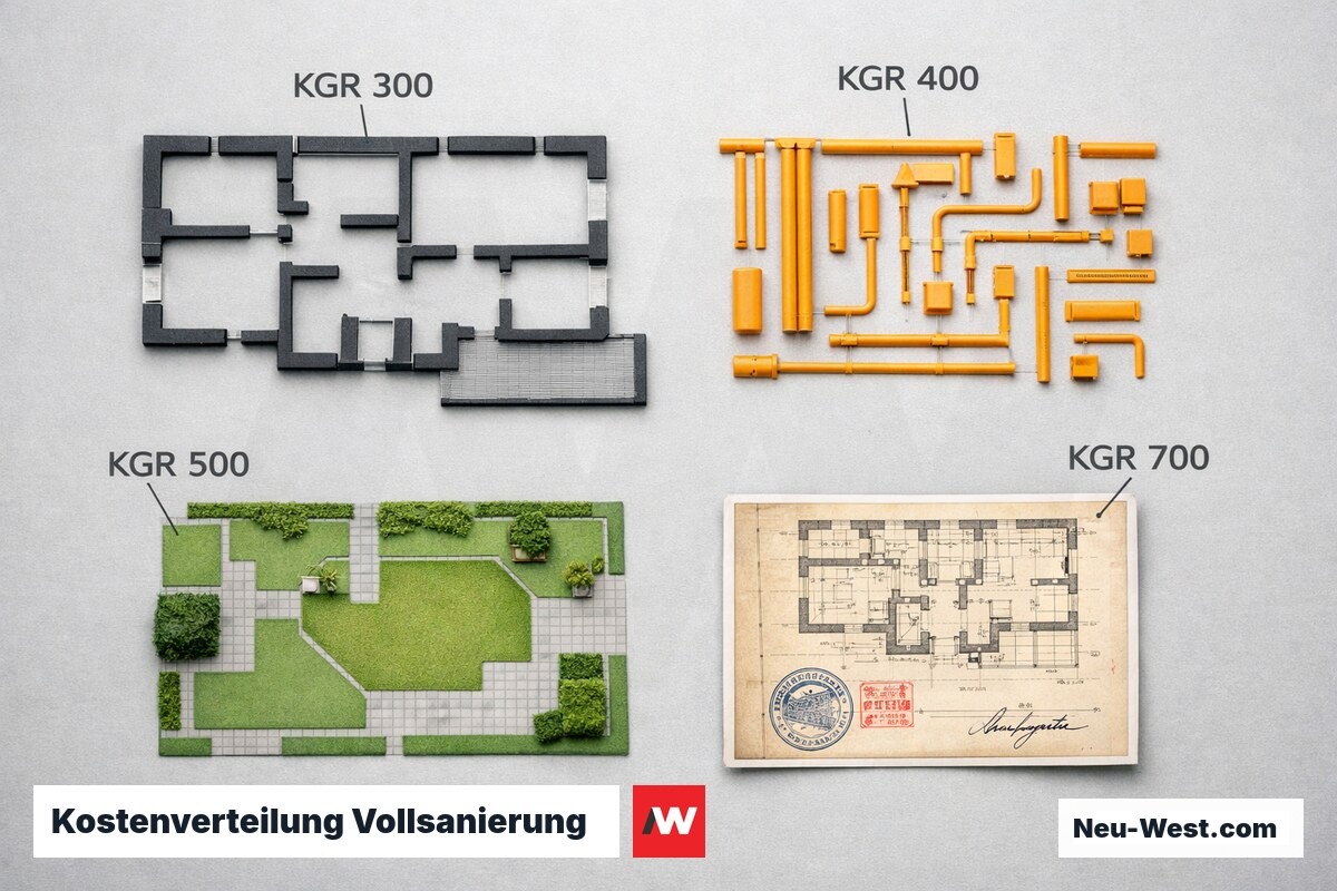 Kostenverteilung Vollsanierung: KGR 300 / 400 / 500 nach DIN 276 – Erklär-Grafik (NEUWEST Berlin)