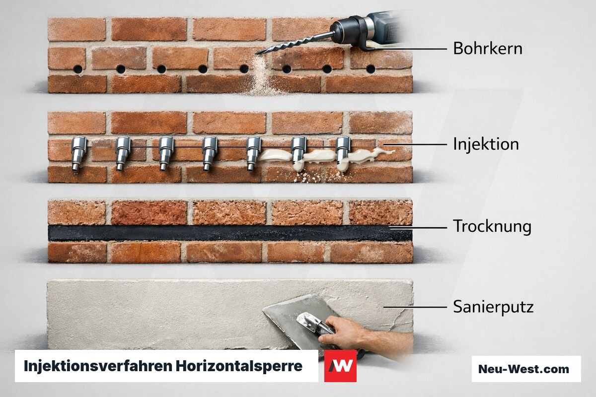 Injektionsverfahren Horizontalsperre: Prozessschritte – Erklär-Grafik (NEUWEST Berlin)
