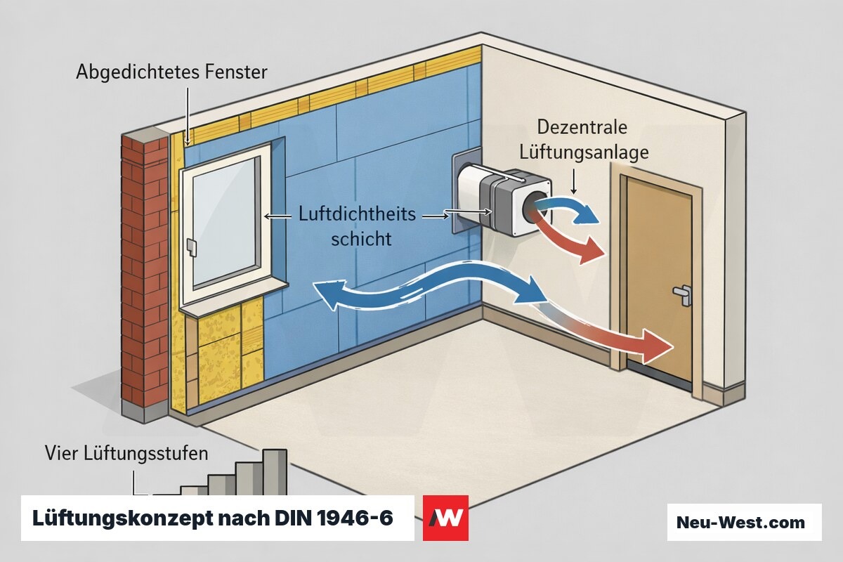 Querschnitt eines sanierten Altbauzimmers mit abgedichtetem Fenster, Luftdichtheitsschicht, Lüftungsanlage und den vier Lüftungsstufen der DIN 1946-6.