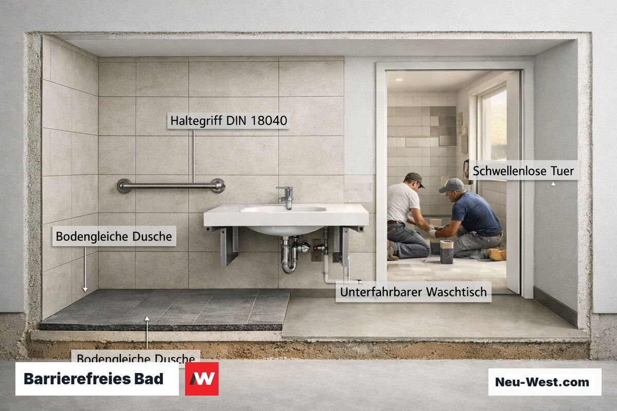 Querschnitt eines barrierefreien Badezimmers mit bodengleicher Dusche, Haltegriffen, unterfahrbarem Waschtisch und schwellenloser Tür