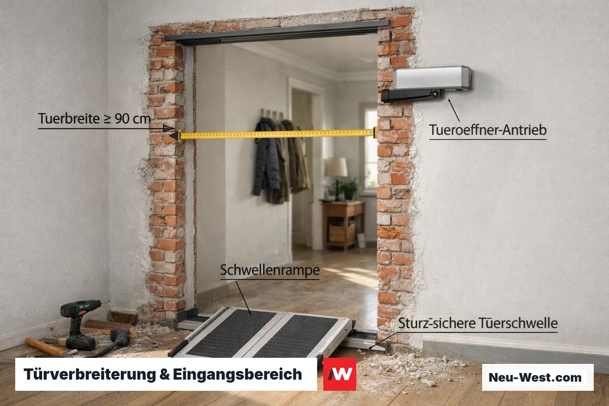 Handwerker verbreitern einen Türrahmen auf 90 cm Mindestbreite und montieren einen automatischen Türöffner für barrierefreien Zugang