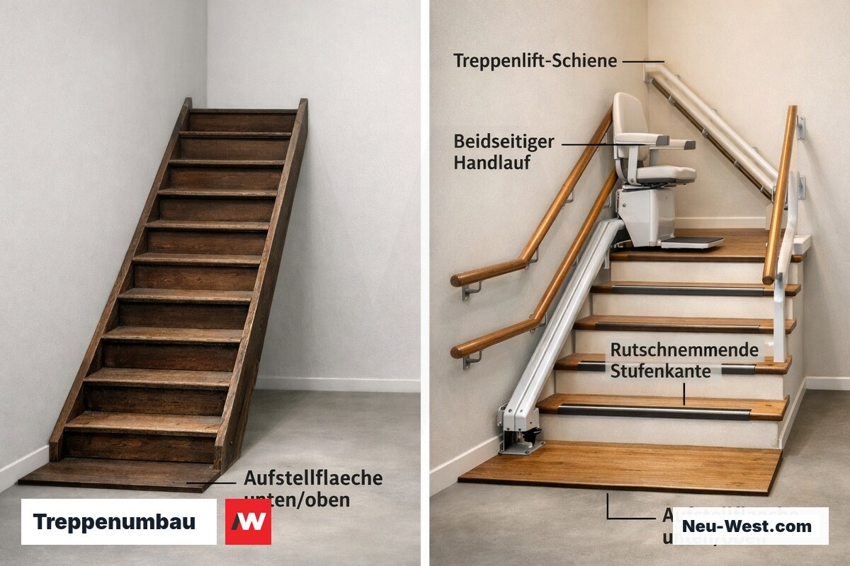 Vergleich einer alten steilen Treppe mit moderner Lösung: Treppenlift, beidseitiger Handlauf und rutschhemmende Stufenbeläge
