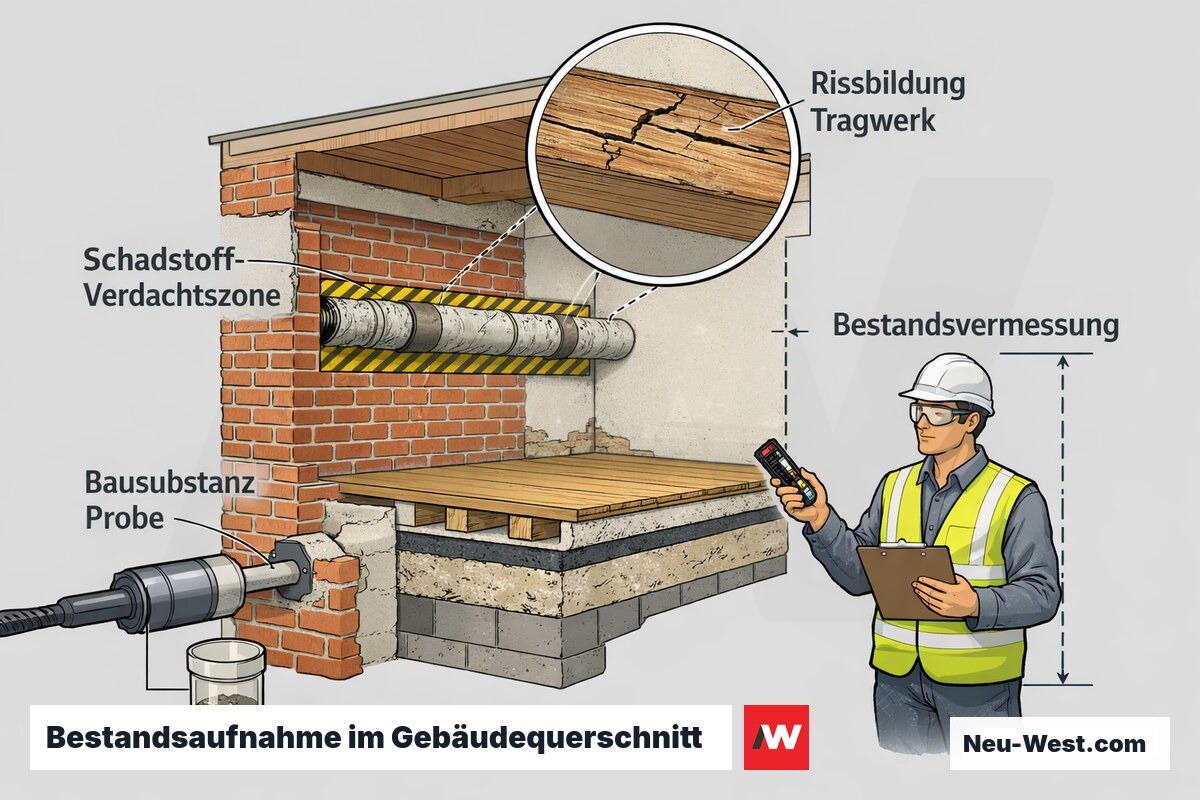 Querschnitt eines Altbaus mit markierter Schadstoffzone, Bausubstanz-Probeentnahme, Rissen im Tragwerk und Vermessung vor Sanierung.