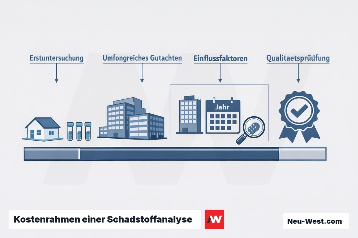 Diagramm zeigt zwei Kostenstufen der Schadstoffanalyse, Einflussfaktoren Objektgröße, Baualter, Untersuchungstiefe und Qualitätsprüfung.