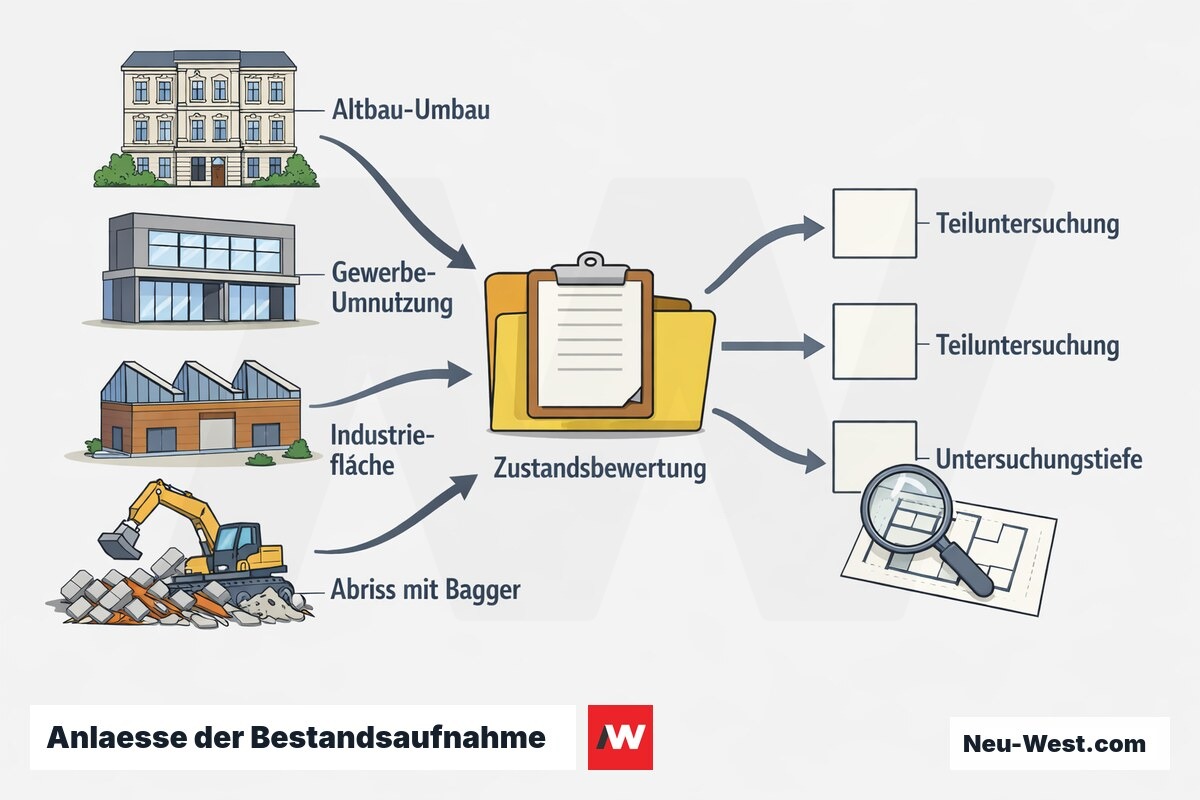 Uebersichtsdiagramm der Anlaesse fuer eine Bestandsaufnahme: Altbau-Umbau, Gewerbe-Umnutzung, Industriereaktivierung und Abbruch, gebuendelt unter der Zustandsbewertung.