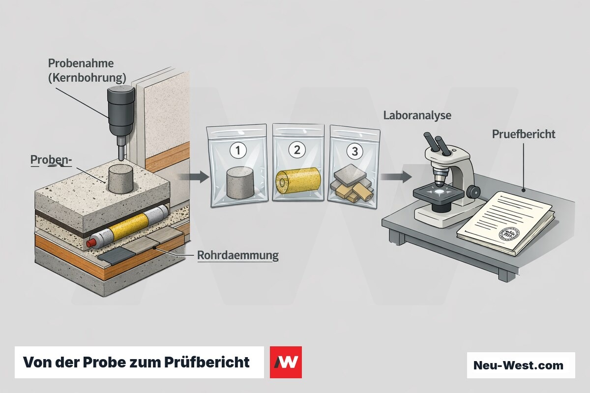 Cutaway-Illustration: Materialprobenahme an Wand und Rohrdämmung, beschriftete Probenbeutel, Laboranalyse und dokumentierter Prüfbericht für die Planung.
