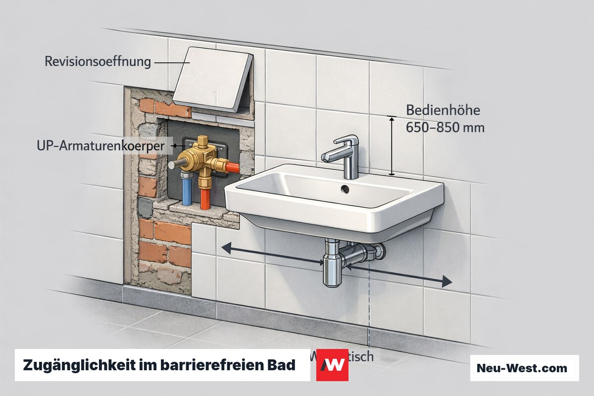Querschnitt eines barrierefreien Waschtisches mit Revisionsöffnung, UP-Armaturenkörper, Bedienhöhe 650–850 mm und unterfahrbarem Becken.