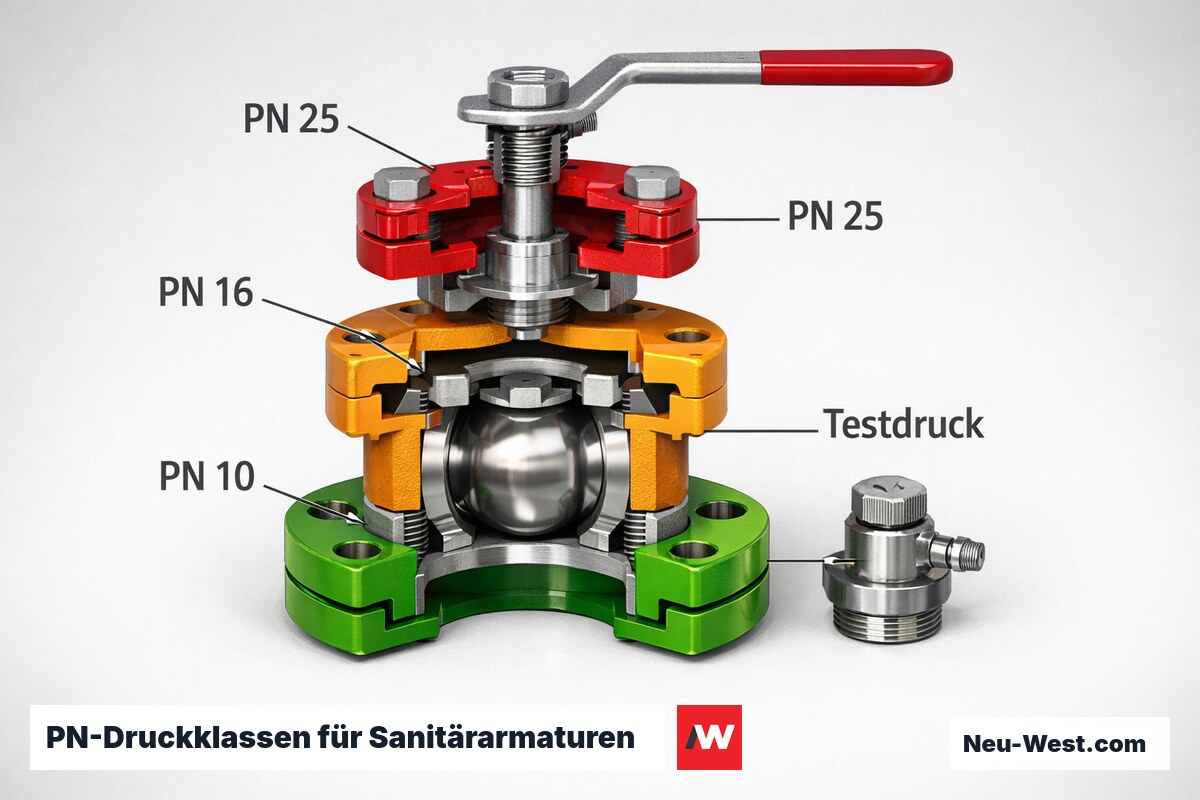 PN-Druckklassen für Sanitärarmaturen: Betriebsdruck, Prüfdruck und Einsatzgrenzen – Erklär-Grafik (NEUWEST Berlin)