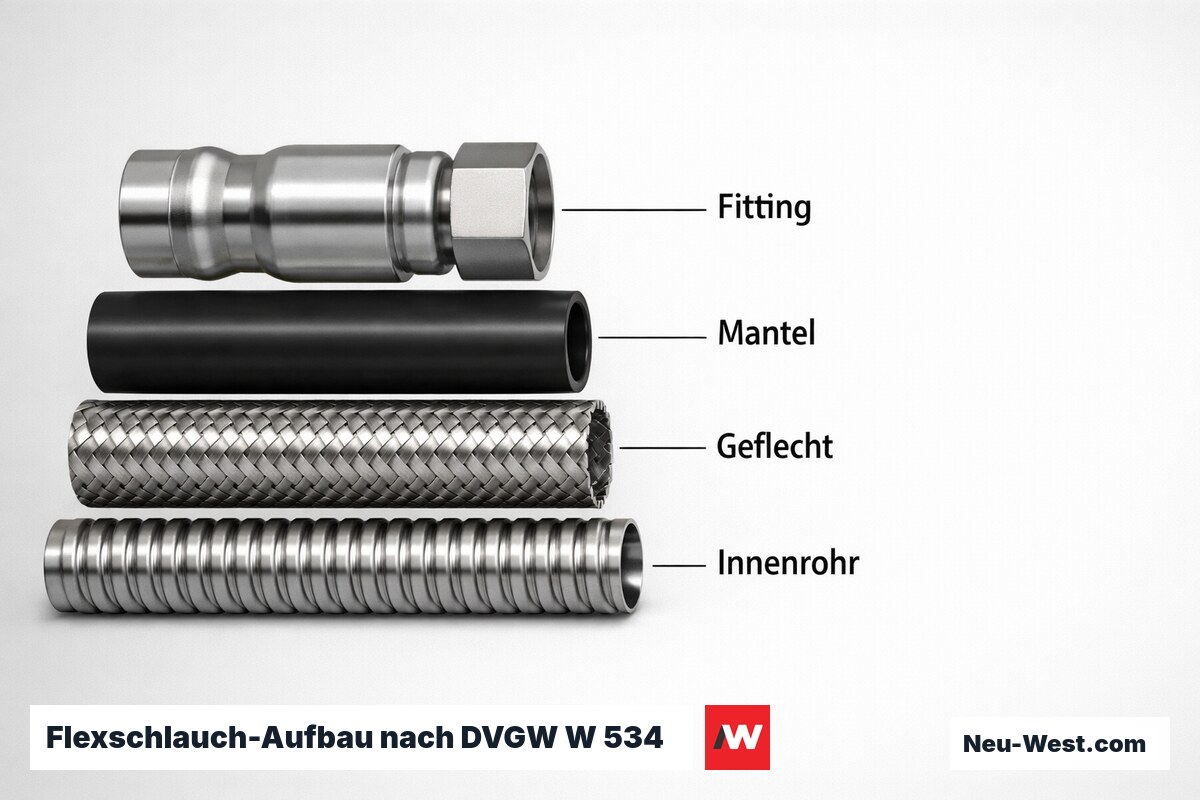 Flexschlauch-Aufbau nach DVGW W 534: Schichtstruktur und Einbauregeln – Erklär-Grafik (NEUWEST Berlin)