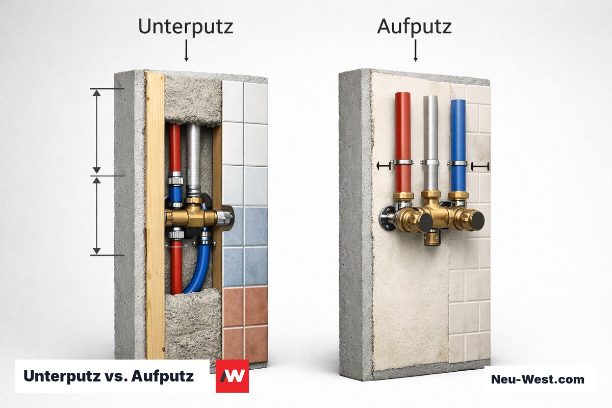 Unterputz vs. Aufputz: Einbautiefen, Toleranzen und häufige Maßfehler – Erklär-Grafik (NEUWEST Berlin)