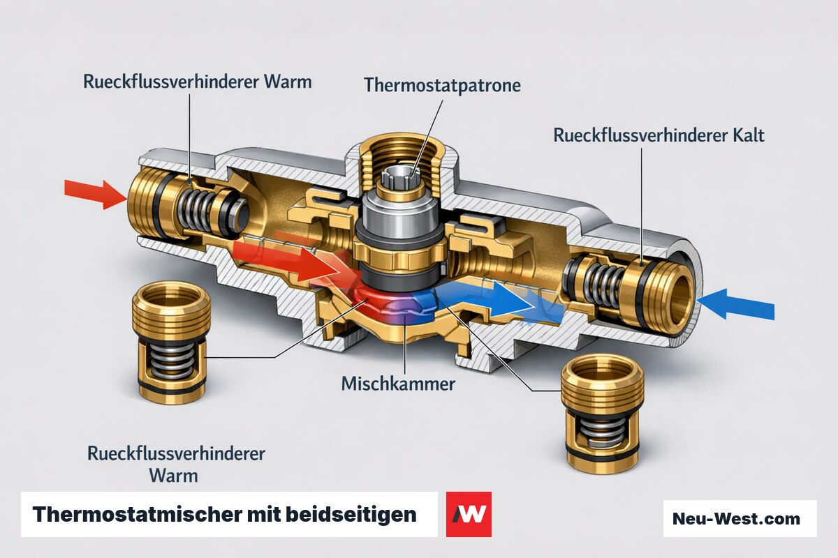 Querschnitt eines Thermostatmischers mit je einem unabhängigen Rückflussverhinderer an Kalt- und Warmwasser-Eingang nach EN 1111.