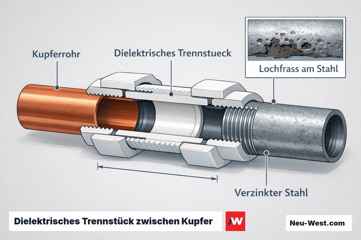 Cutaway einer Rohrverbindung: Kupferrohr und verzinkter Stahl durch dielektrisches Kunststoff-Trennstück getrennt, Lochfraß-Detail am Stahl.