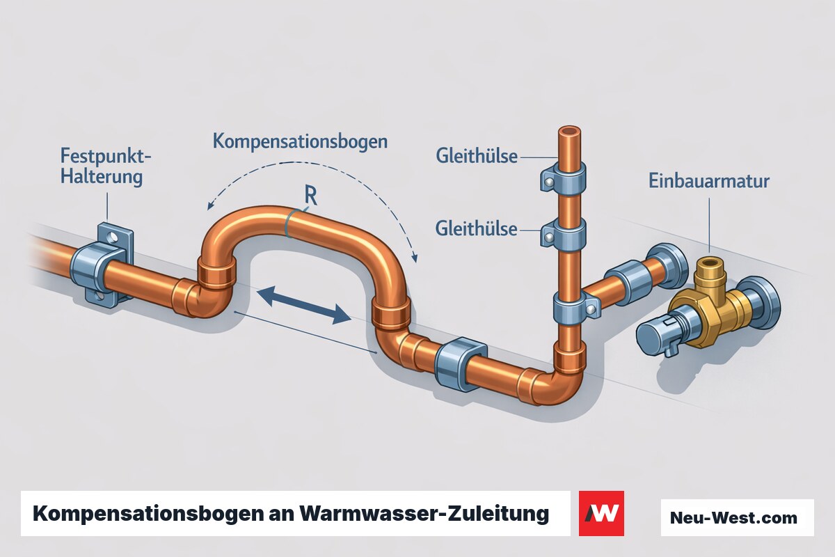 Cutaway-Detail einer horizontalen Warmwasser-Zuleitung mit Kompensationsbogen, Festpunkt und Gleithülsen zur Aufnahme der Längenausdehnung nach DIN 1988-200.