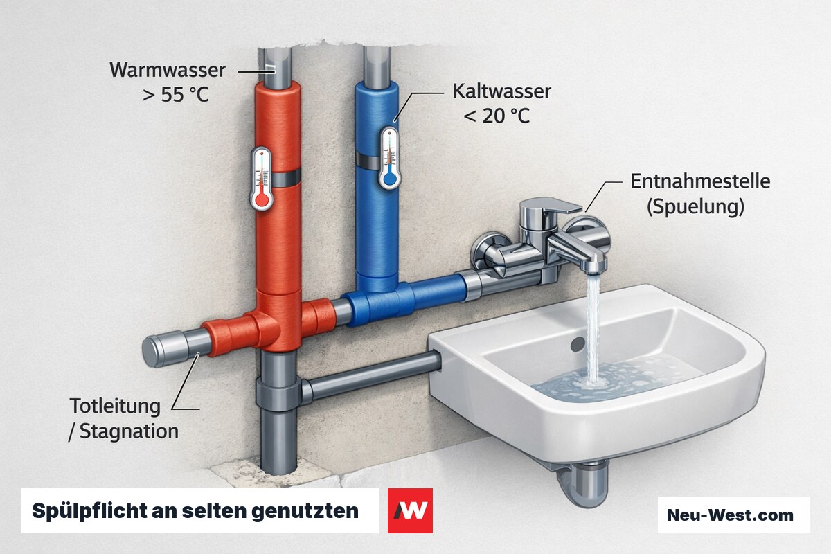Wandquerschnitt einer Sanitärarmatur mit Warm- und Kaltwasserleitung, Thermometern, Totleitung und spülender Entnahmestelle zur Legionellenprävention.