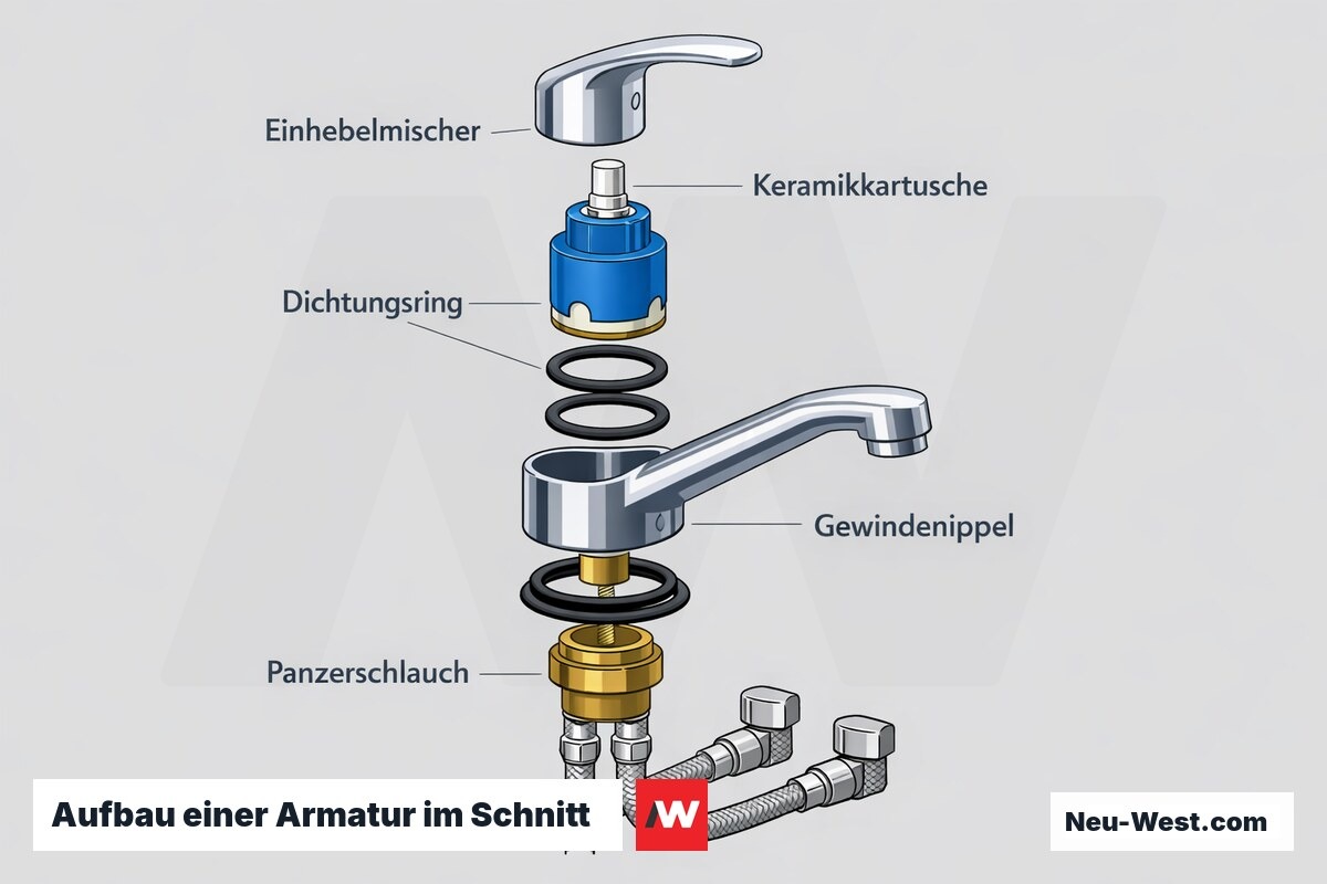 Explosionszeichnung eines Einhebel-Wasserhahns mit Kartusche, Dichtungen und Anschlussschläuchen als Bauteil-Detail.