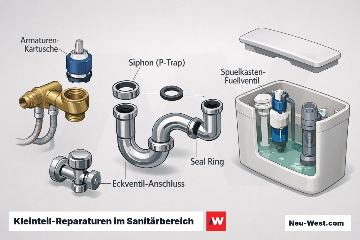 Cutaway-Diagramm einzelner Sanitär-Bauteile: Armaturen-Kartusche, Siphon, Eckventil und Spülkasten-Füllventil als typische Kleinteil-Arbeiten.