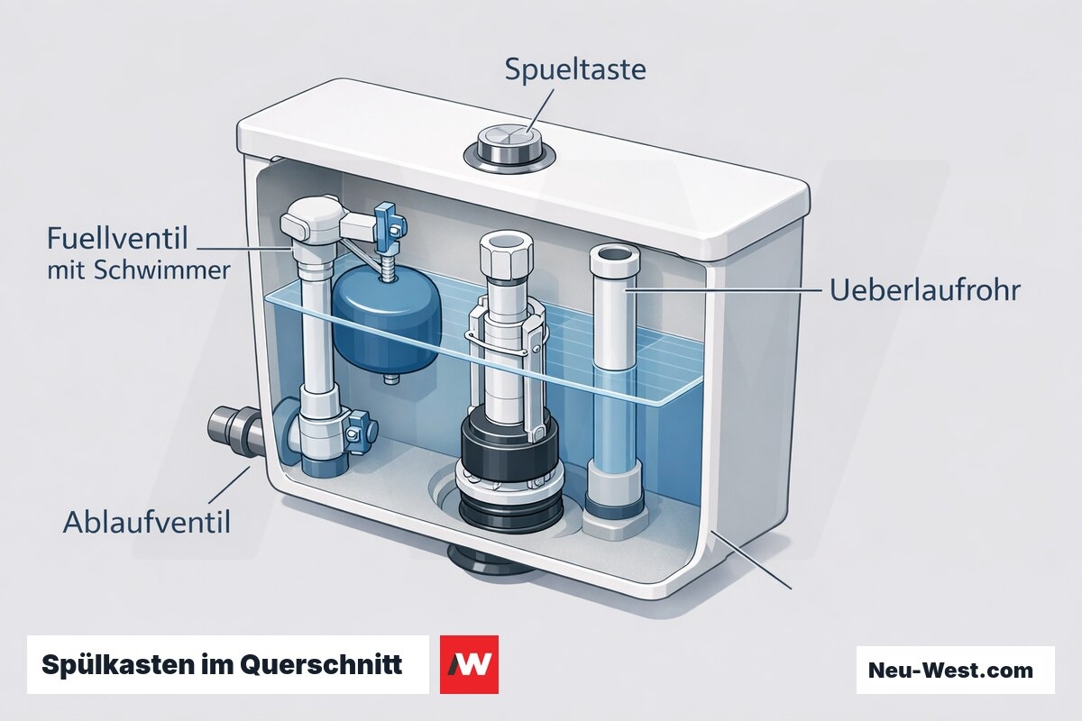 Querschnitt eines WC-Spülkastens mit Füllventil, Schwimmer, Ablaufventil, Überlaufrohr und Spültaste als beschriftete Sanitär-Erklärillustration.